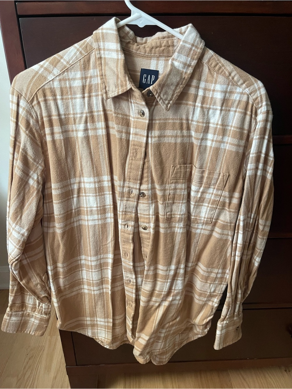 GAP Tan and White Plaid Long-Sleeve Button-Down Shirt